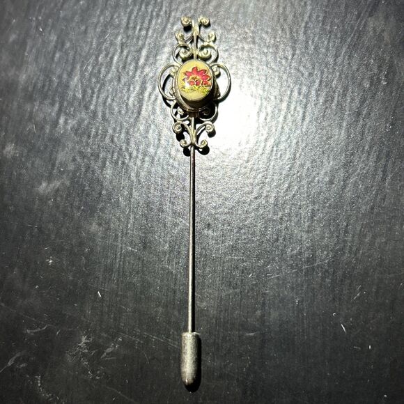Vintage Gold-Toned Round Shape Locket Stick Pin With Floral Design & Filigree - Picture 1 of 5